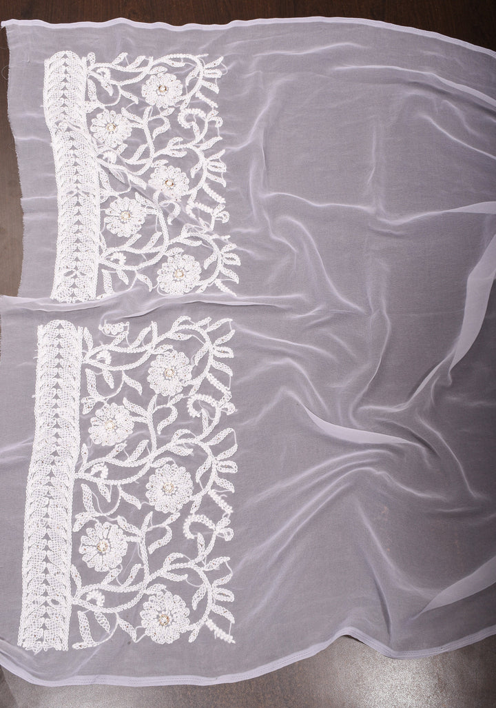 Authentic Pure White Hand-Embroidered Full Jaal Chikankari Georgette Saree with Mukesh work and Golden Trim Border