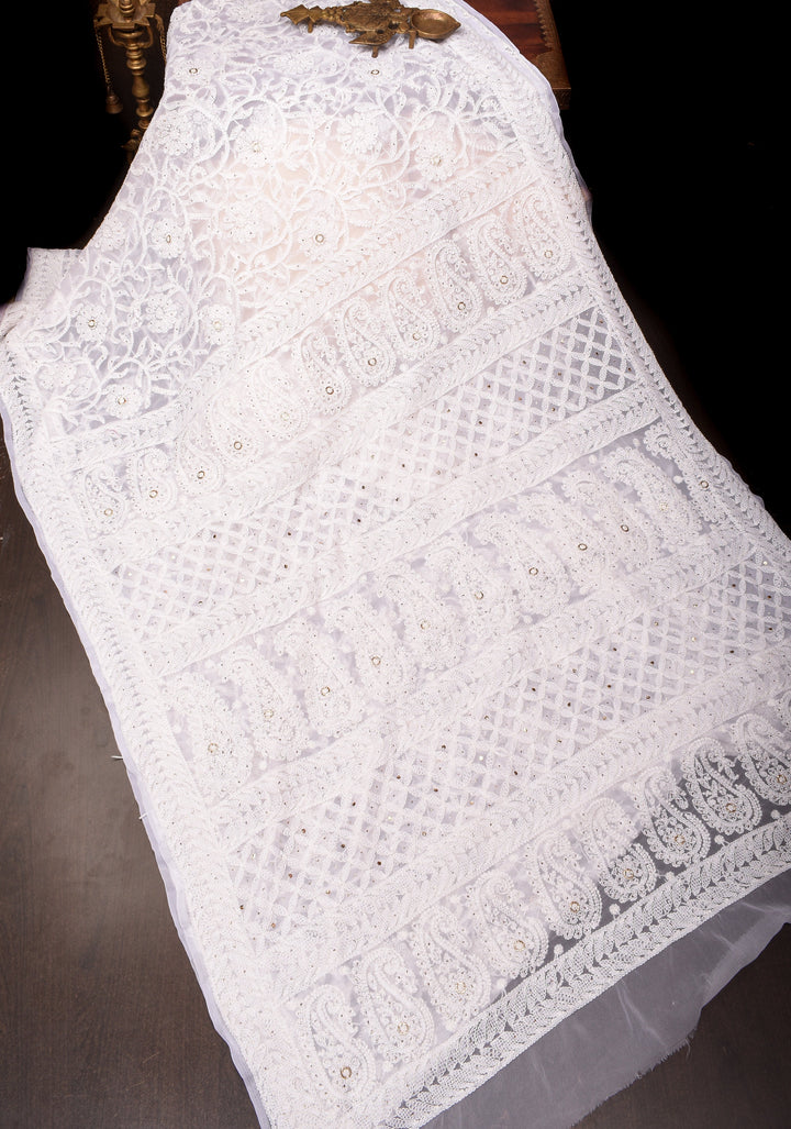 Authentic Pure White Hand-Embroidered Full Jaal Chikankari Georgette Saree with Mukesh work and Golden Trim Border