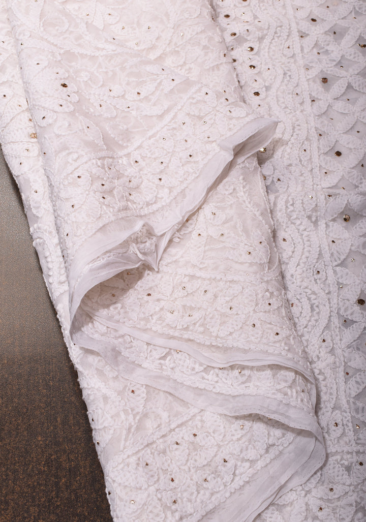 Authentic Hand Chikankari and Mukiesh Work on Off white Georgette Saree
