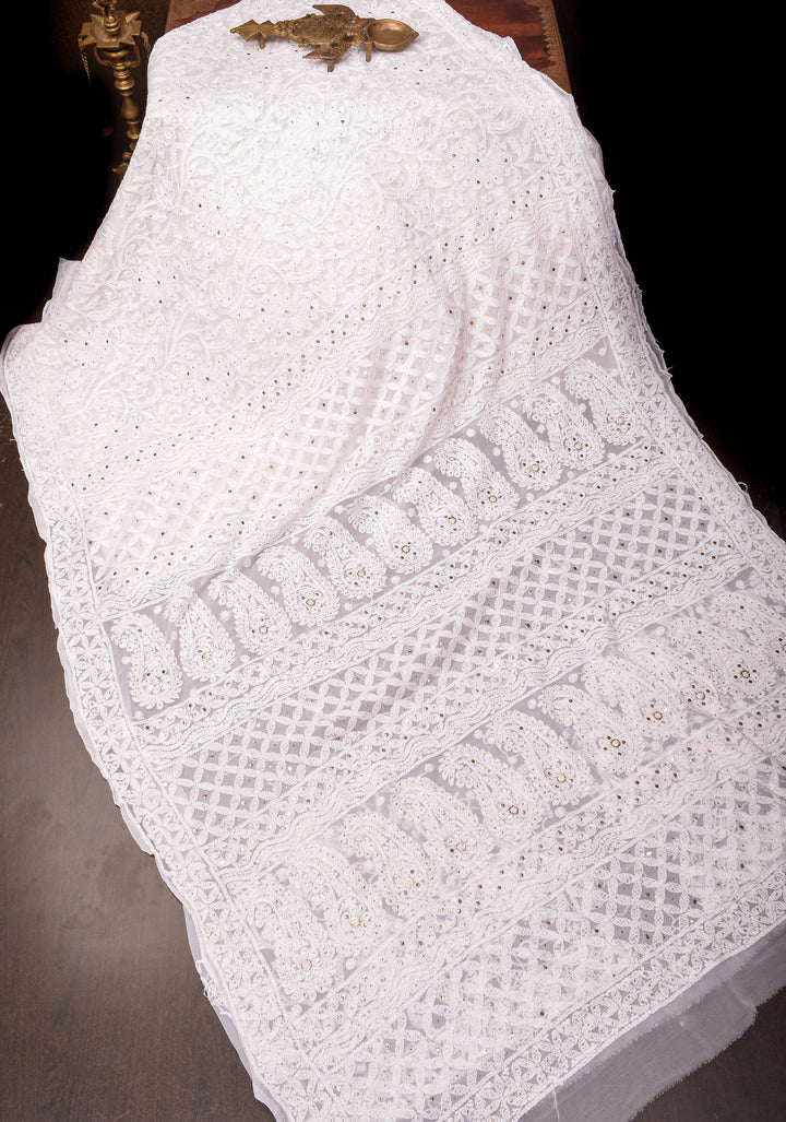 Authentic Hand Chikankari and Mukiesh Work on Off white Georgette Saree
