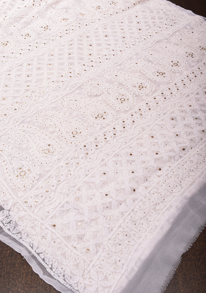Authentic Hand Chikankari and Mukiesh Work on Off white Georgette Saree