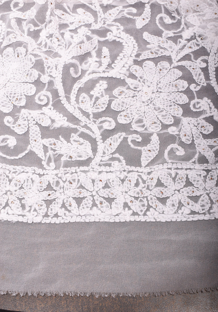 Authentic Hand Chikankari and Mukiesh Work on Off white Georgette Saree