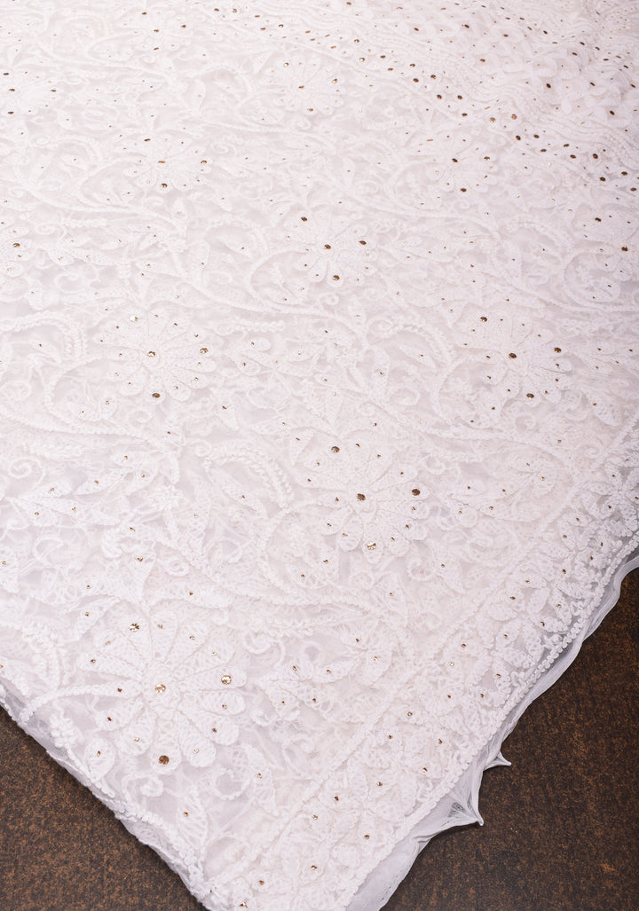 Authentic Hand Chikankari and Mukiesh Work on Off white Georgette Saree