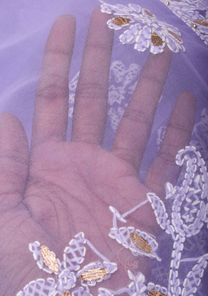 Authentic Hand-Embroidered Skirt Border Chikankari Georgette Saree in Lavender with Gotta Work and Golden Trim Border