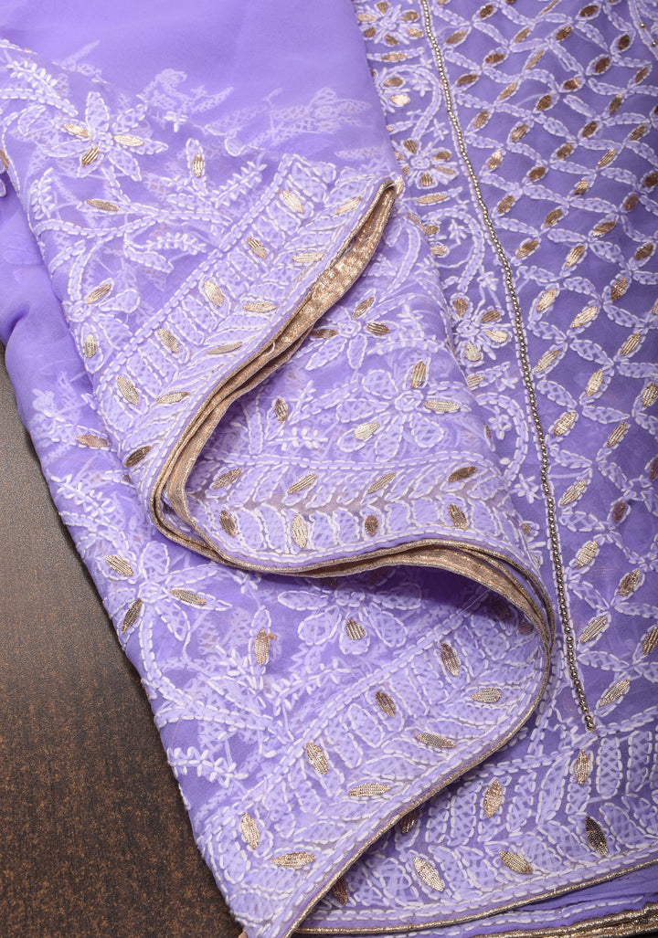 Authentic Hand-Embroidered Skirt Border Chikankari Georgette Saree in Lavender with Gotta Work and Golden Trim Border