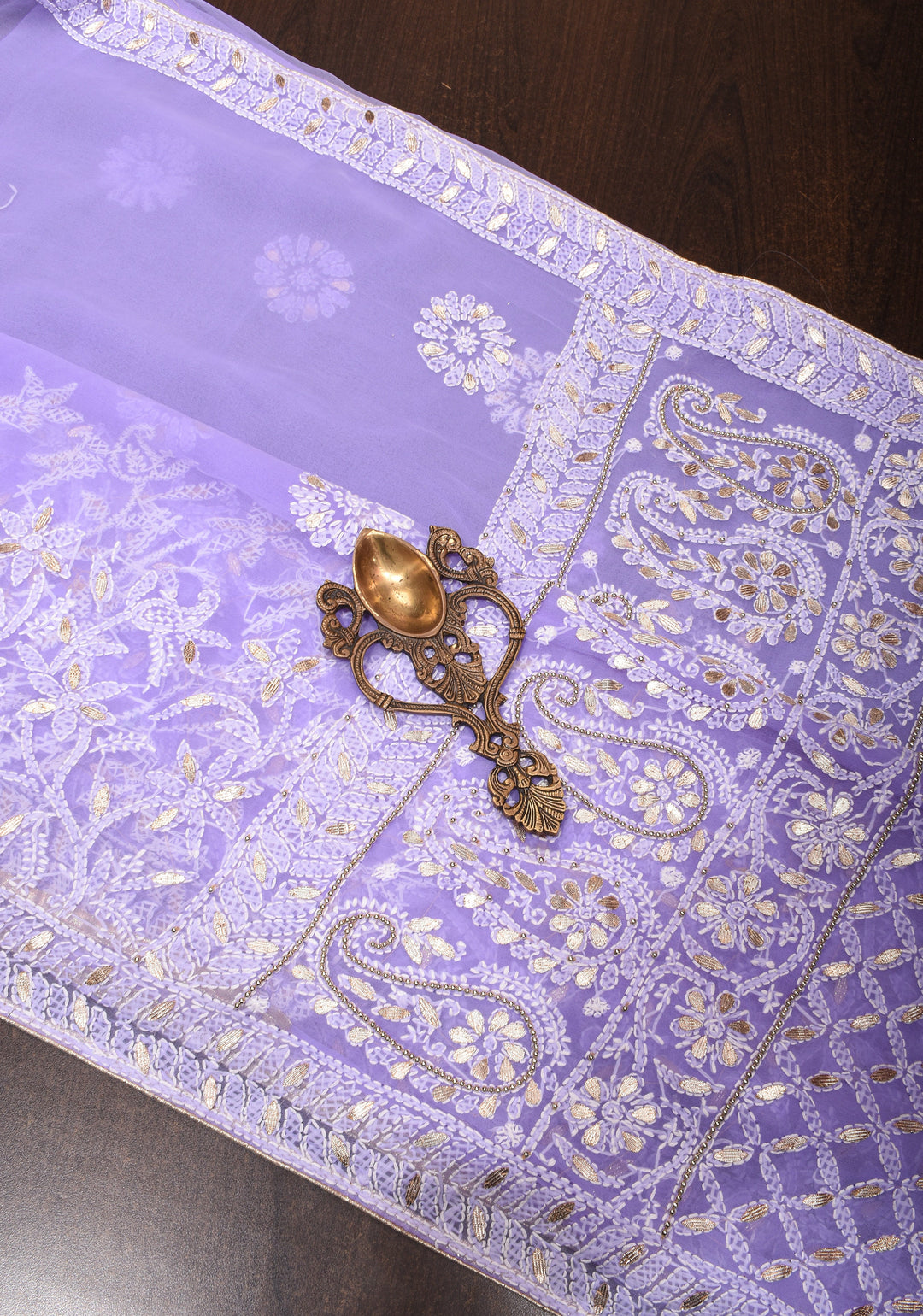 Authentic Hand-Embroidered Skirt Border Chikankari Georgette Saree in Lavender with Gotta Work and Golden Trim Border
