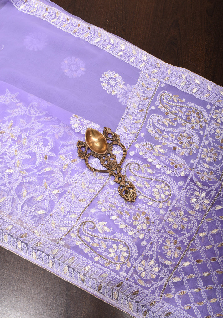 Authentic Hand-Embroidered Skirt Border Chikankari Georgette Saree in Lavender with Gotta Work and Golden Trim Border