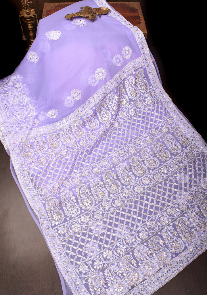 Authentic Hand-Embroidered Skirt Border Chikankari Georgette Saree in Lavender with Gotta Work and Golden Trim Border