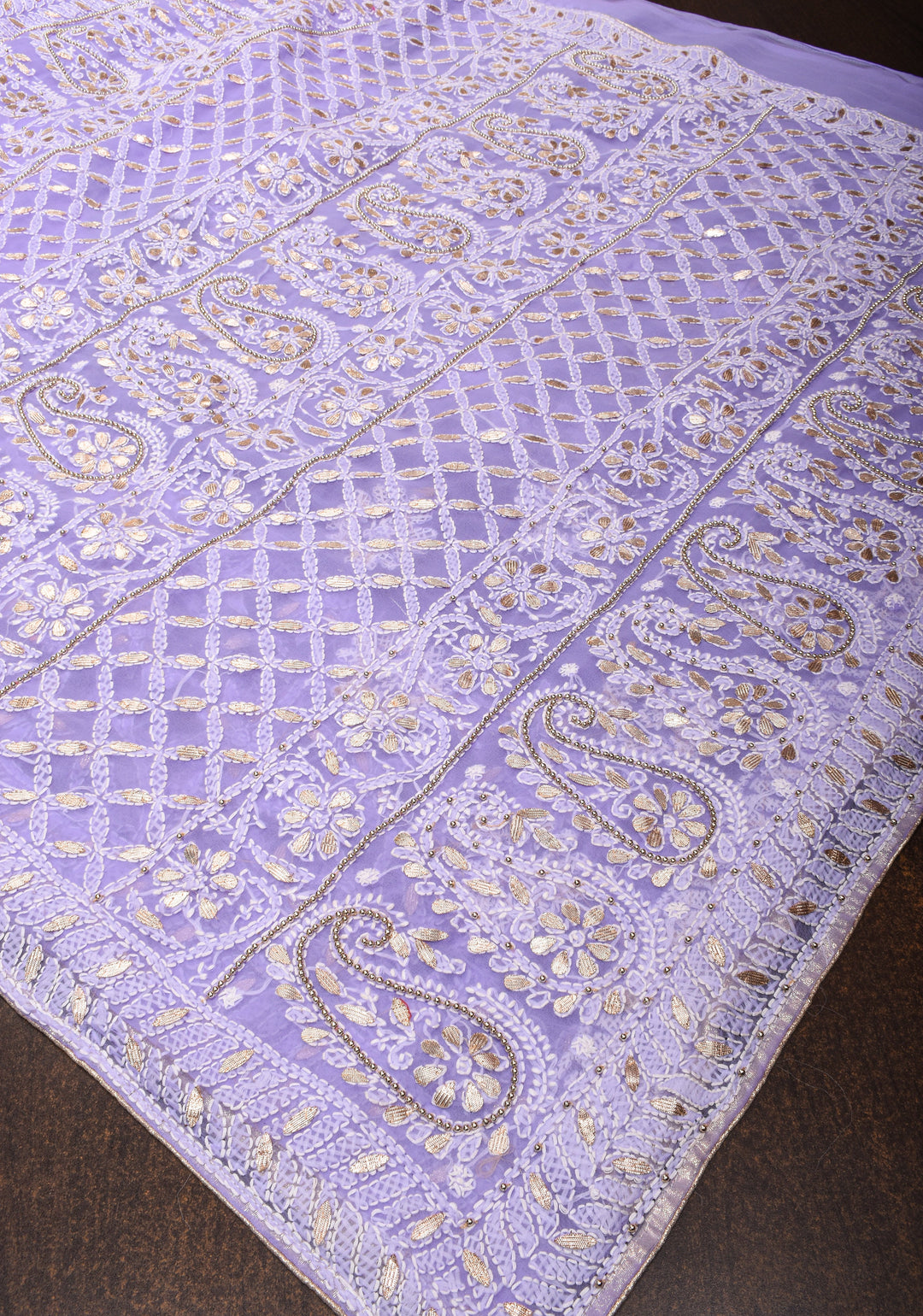 Authentic Hand-Embroidered Skirt Border Chikankari Georgette Saree in Lavender with Gotta Work and Golden Trim Border