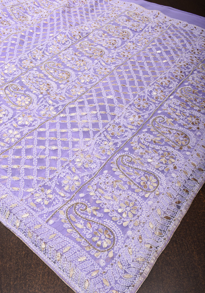 Authentic Hand-Embroidered Skirt Border Chikankari Georgette Saree in Lavender with Gotta Work and Golden Trim Border