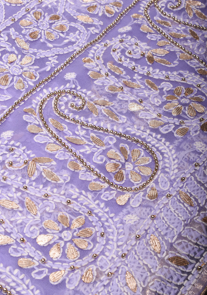 Authentic Hand-Embroidered Skirt Border Chikankari Georgette Saree in Lavender with Gotta Work and Golden Trim Border