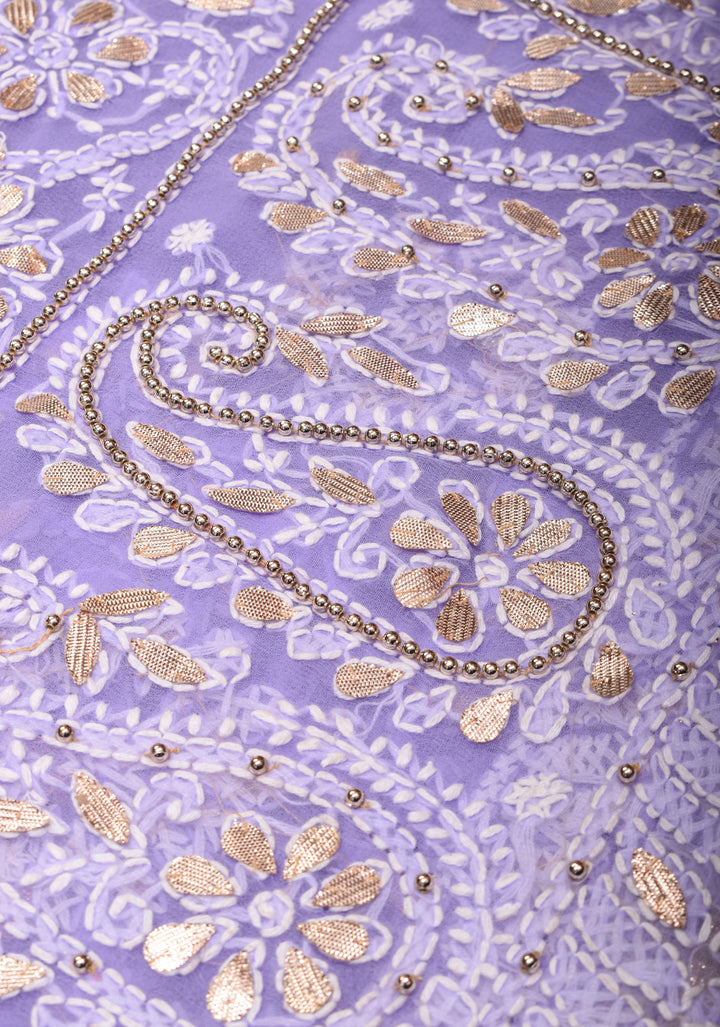 Authentic Hand-Embroidered Skirt Border Chikankari Georgette Saree in Lavender with Gotta Work and Golden Trim Border