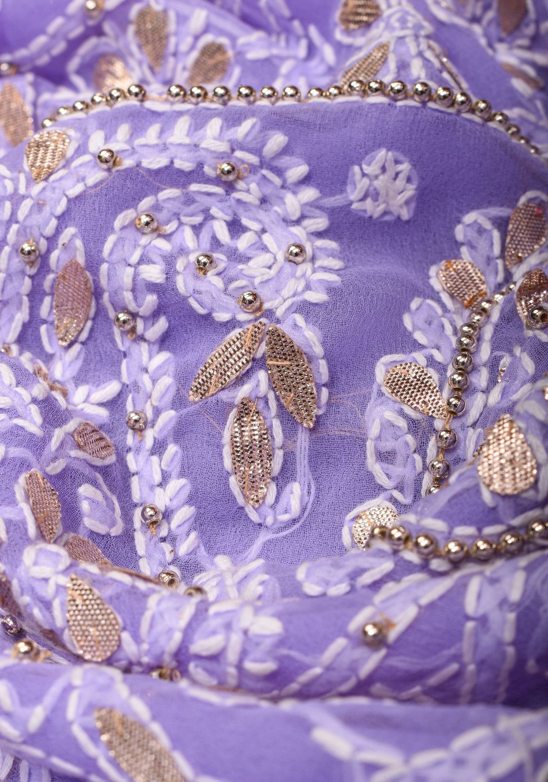 Authentic Hand-Embroidered Skirt Border Chikankari Georgette Saree in Lavender with Gotta Work and Golden Trim Border