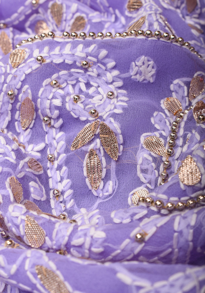 Authentic Hand-Embroidered Skirt Border Chikankari Georgette Saree in Lavender with Gotta Work and Golden Trim Border
