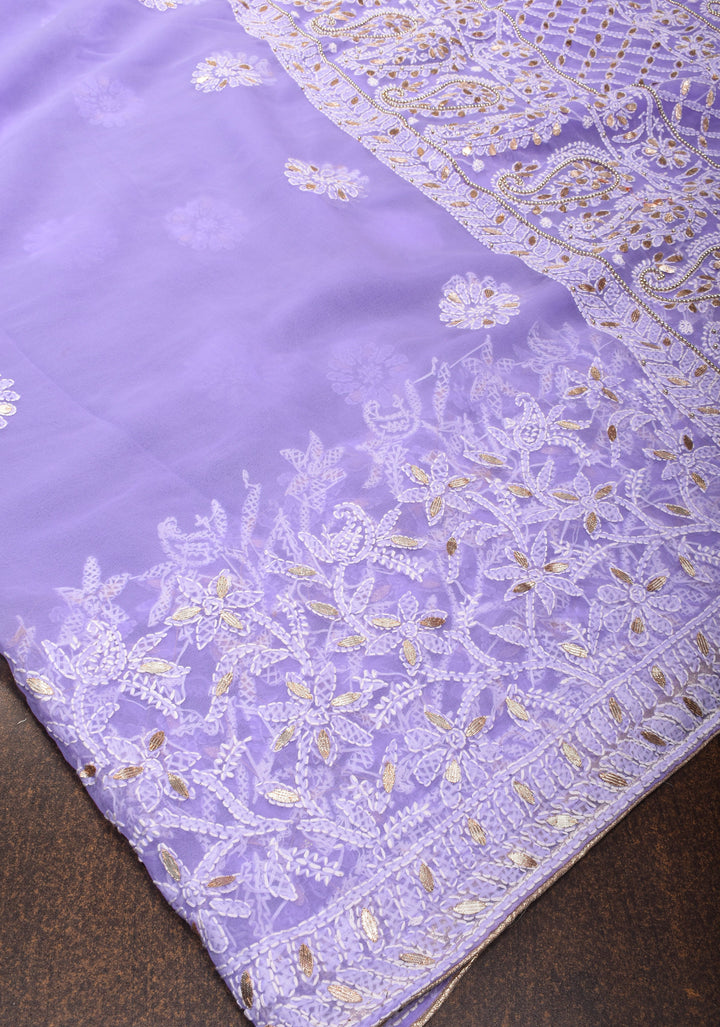 Authentic Hand-Embroidered Skirt Border Chikankari Georgette Saree in Lavender with Gotta Work and Golden Trim Border