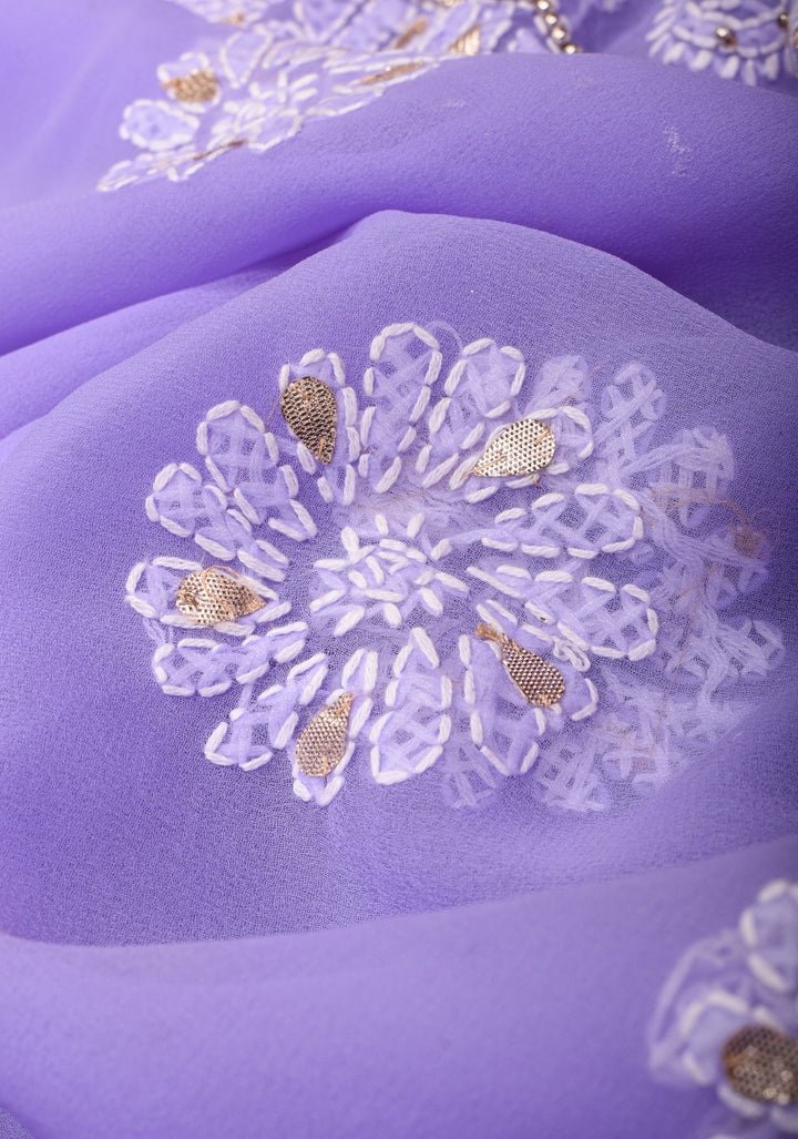 Authentic Hand-Embroidered Skirt Border Chikankari Georgette Saree in Lavender with Gotta Work and Golden Trim Border