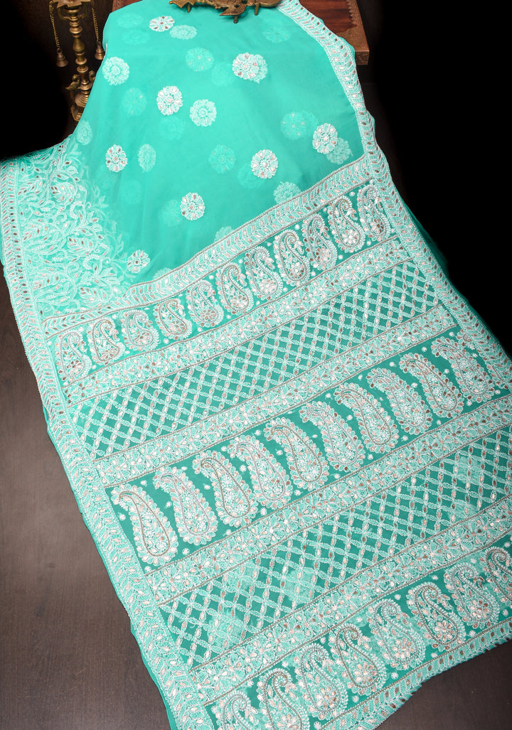 Authentic Hand Chikankari Skirt Border Saree with Gotta Embellishments on Teal Georgette