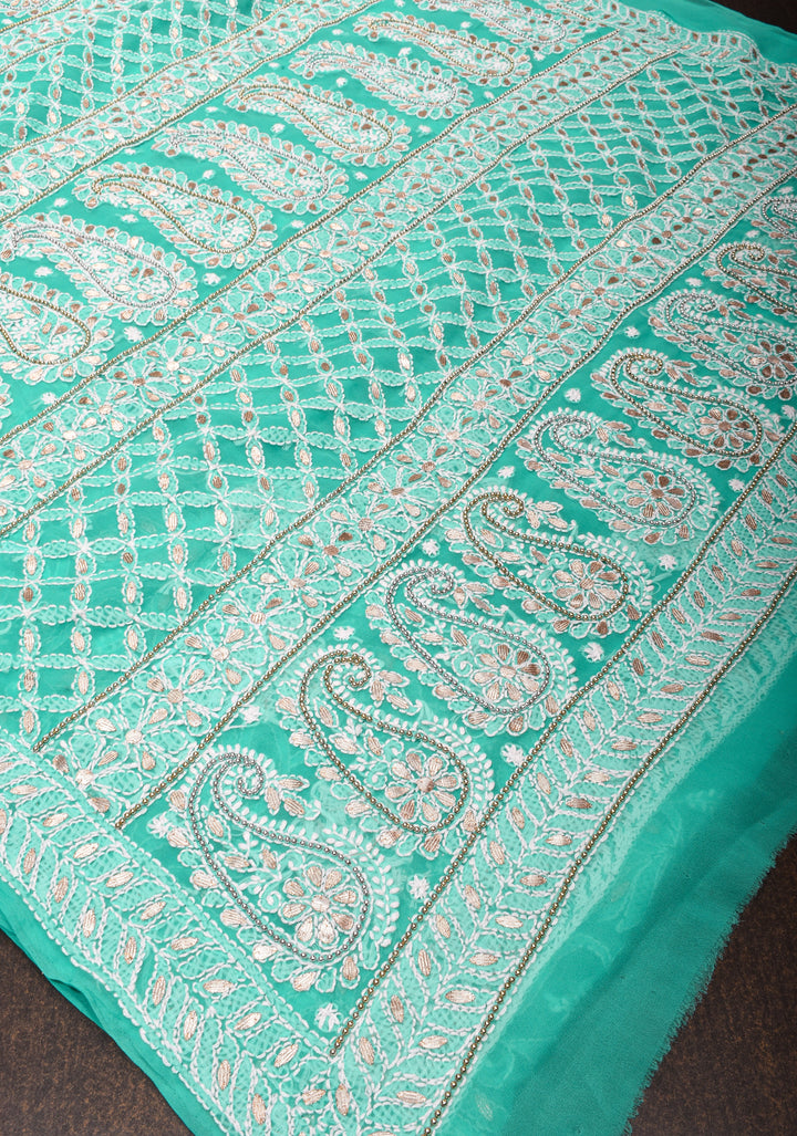 Authentic Hand Chikankari Skirt Border Saree with Gotta Embellishments on Teal Georgette