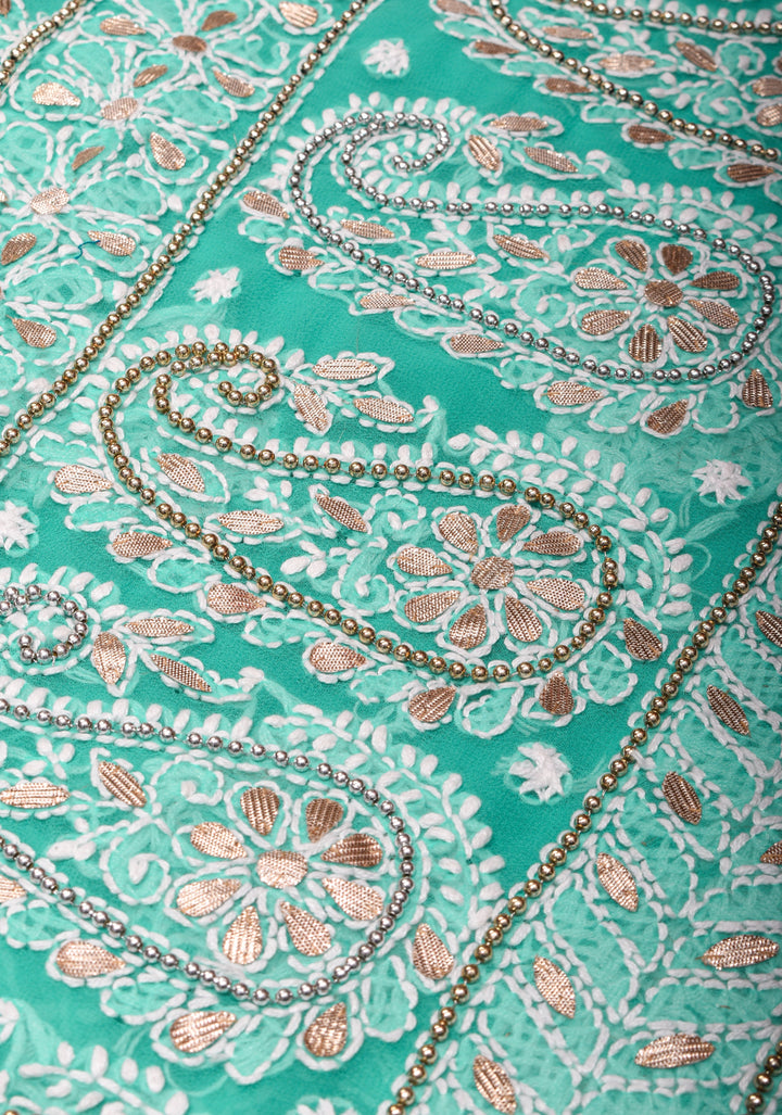 Authentic Hand Chikankari Skirt Border Saree with Gotta Embellishments on Teal Georgette