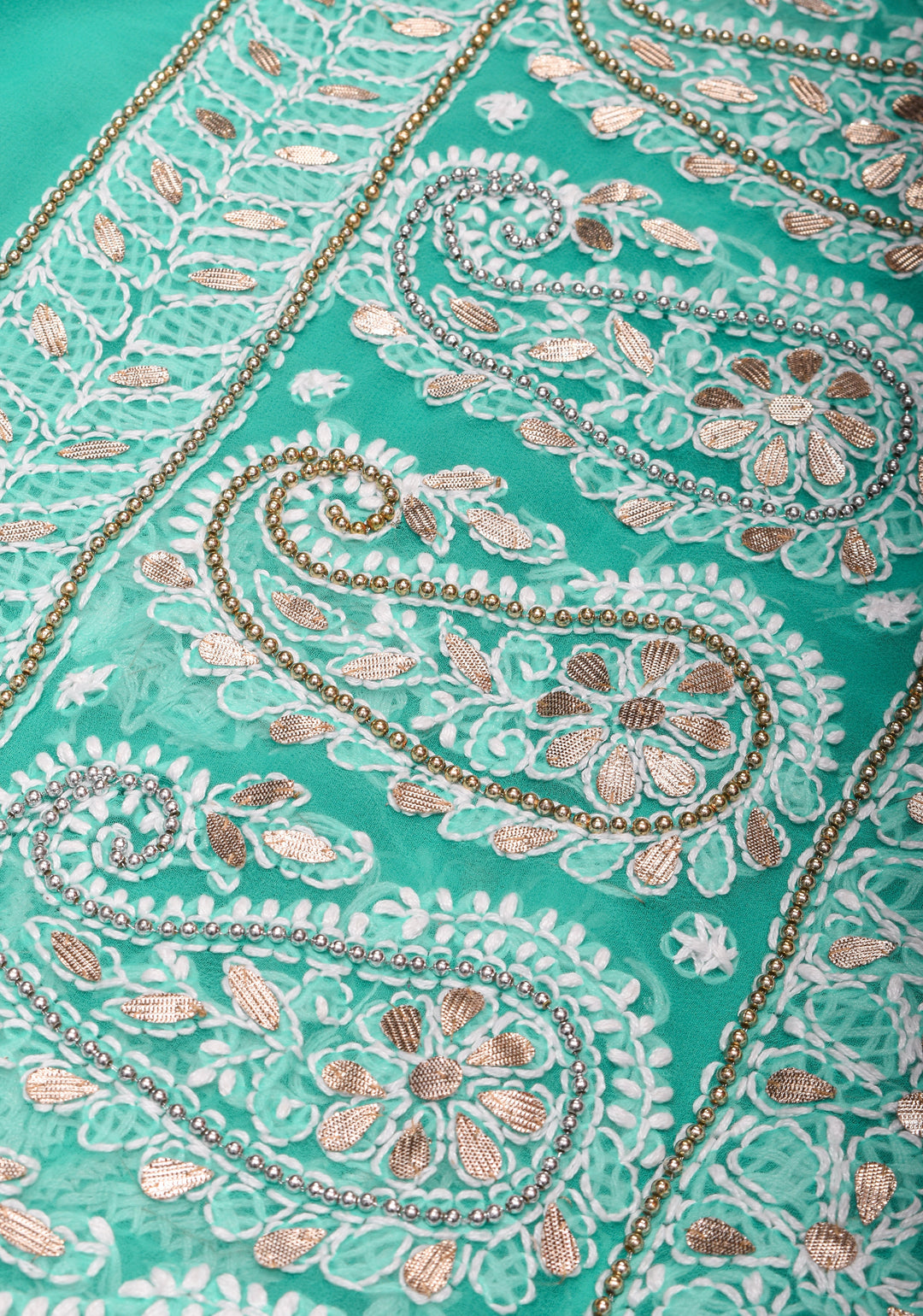 Authentic Hand Chikankari Skirt Border Saree with Gotta Embellishments on Teal Georgette