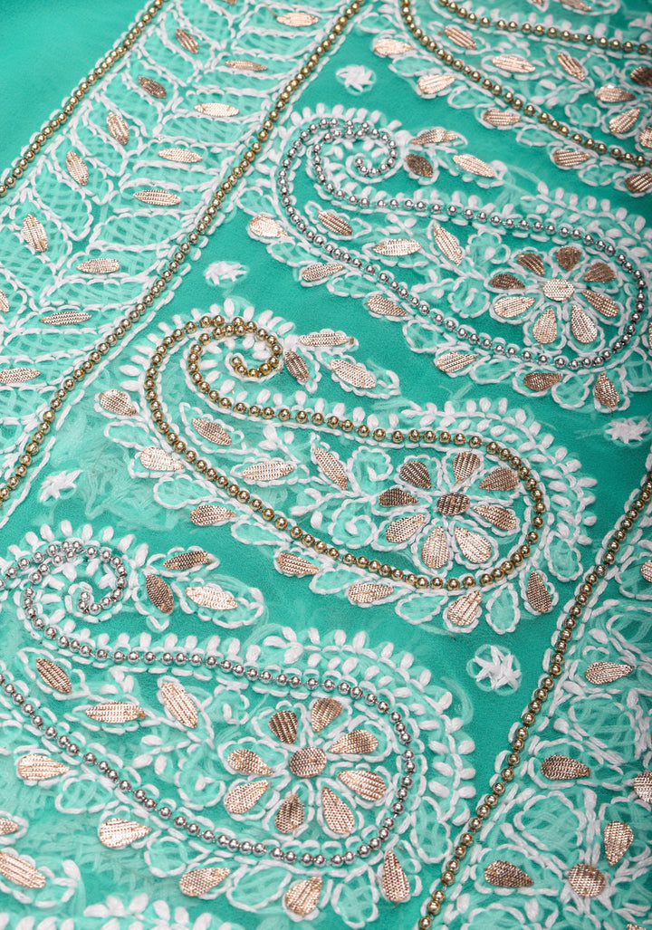 Authentic Hand Chikankari Skirt Border Saree with Gotta Embellishments on Teal Georgette