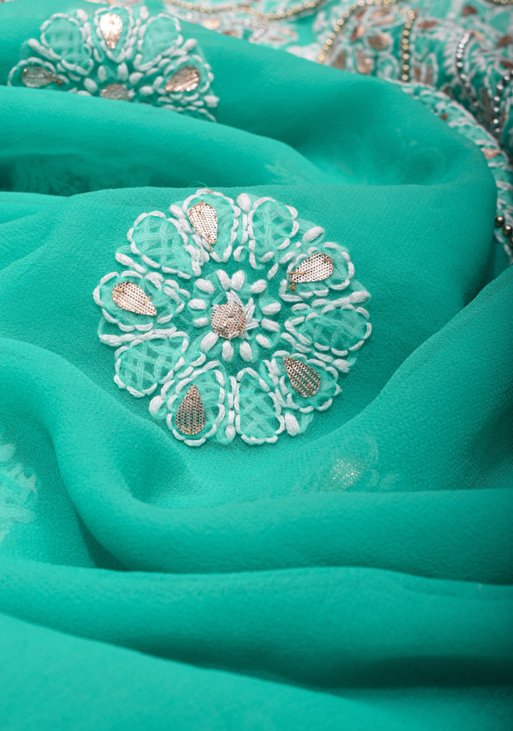 Authentic Hand Chikankari Skirt Border Saree with Gotta Embellishments on Teal Georgette
