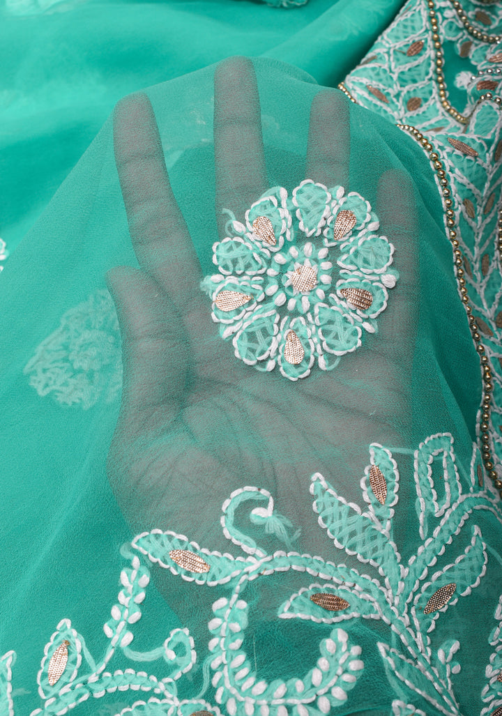 Authentic Hand Chikankari Skirt Border Saree with Gotta Embellishments on Teal Georgette