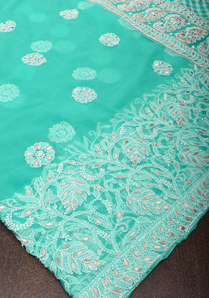 Authentic Hand Chikankari Skirt Border Saree with Gotta Embellishments on Teal Georgette