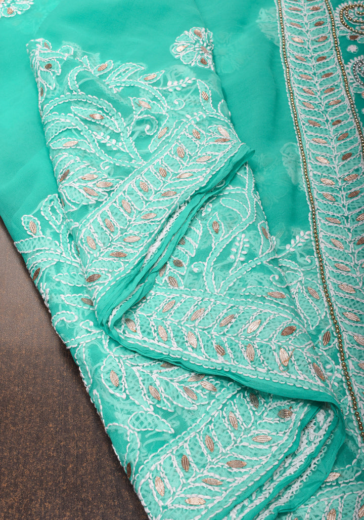 Authentic Hand Chikankari Skirt Border Saree with Gotta Embellishments on Teal Georgette