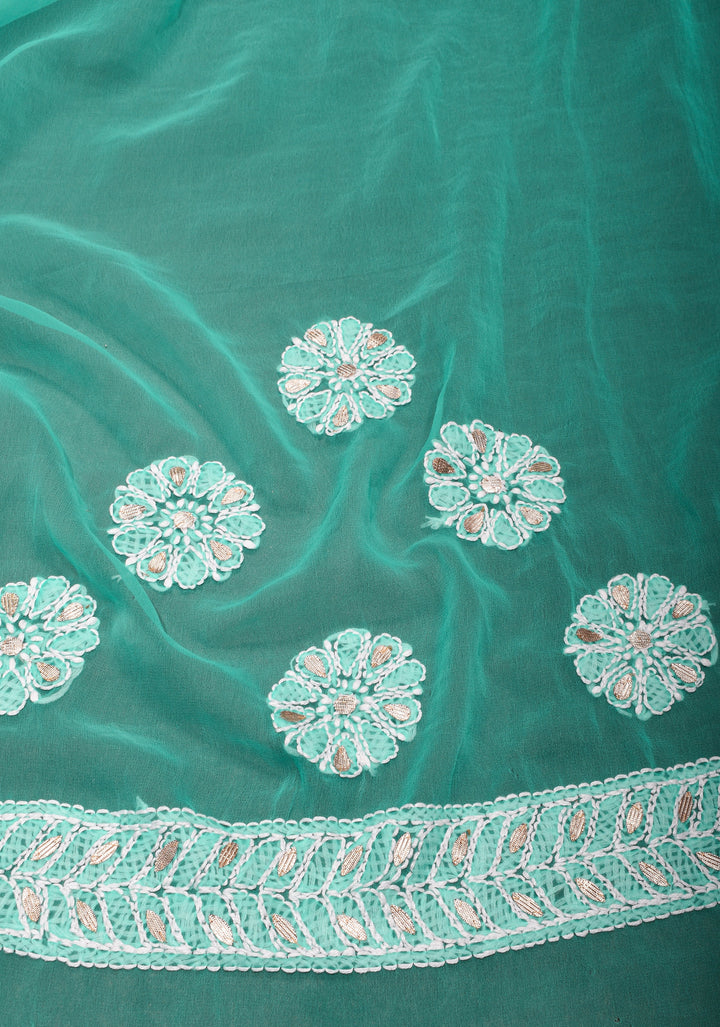 Authentic Hand Chikankari Skirt Border Saree with Gotta Embellishments on Teal Georgette