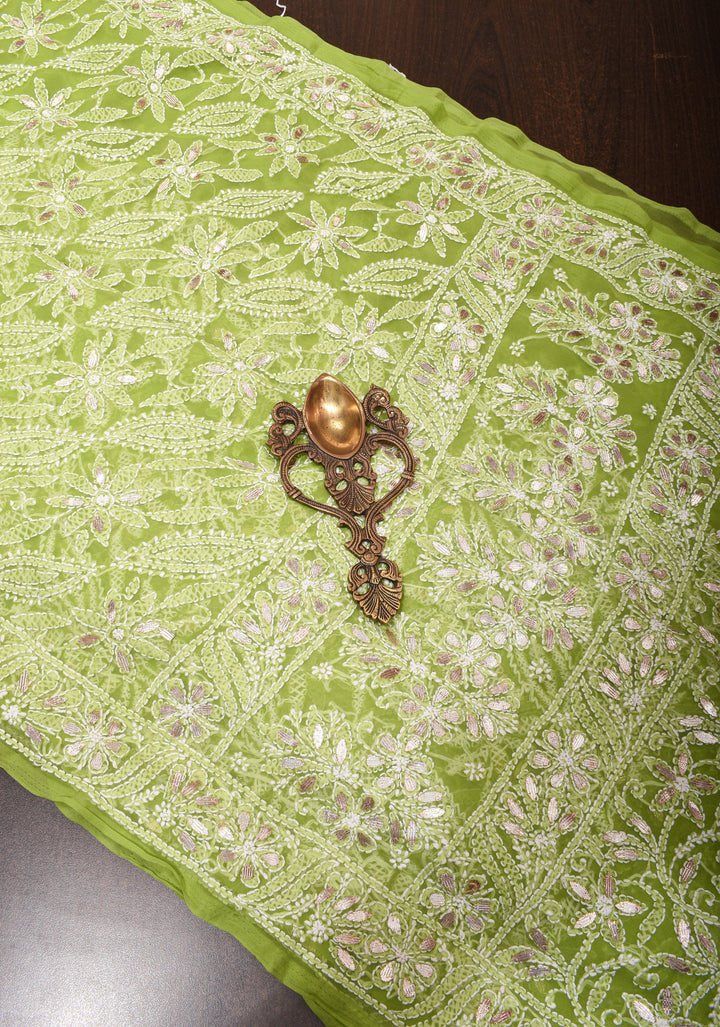 Elegant Lime Green Hand-Embroidered Full Jaal Chikankari Georgette Saree with Gotta Patti Work