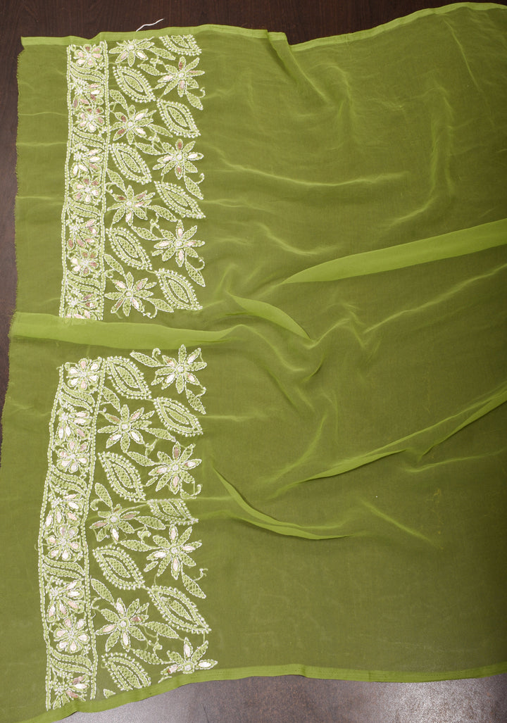 Elegant Lime Green Hand-Embroidered Full Jaal Chikankari Georgette Saree with Gotta Patti Work