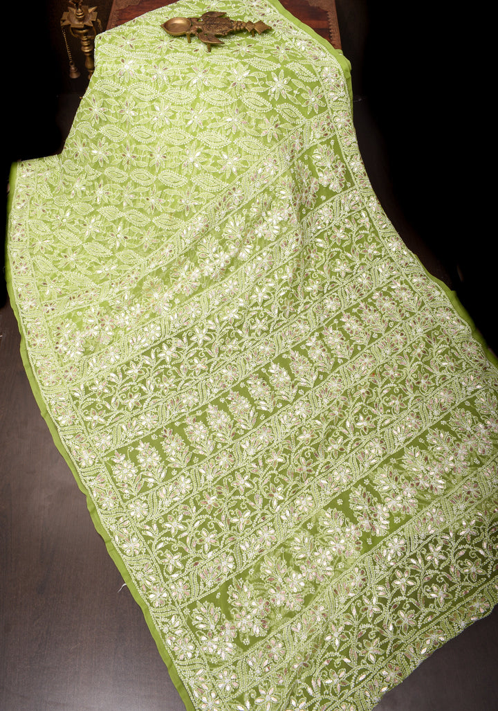 Elegant Lime Green Hand-Embroidered Full Jaal Chikankari Georgette Saree with Gotta Patti Work