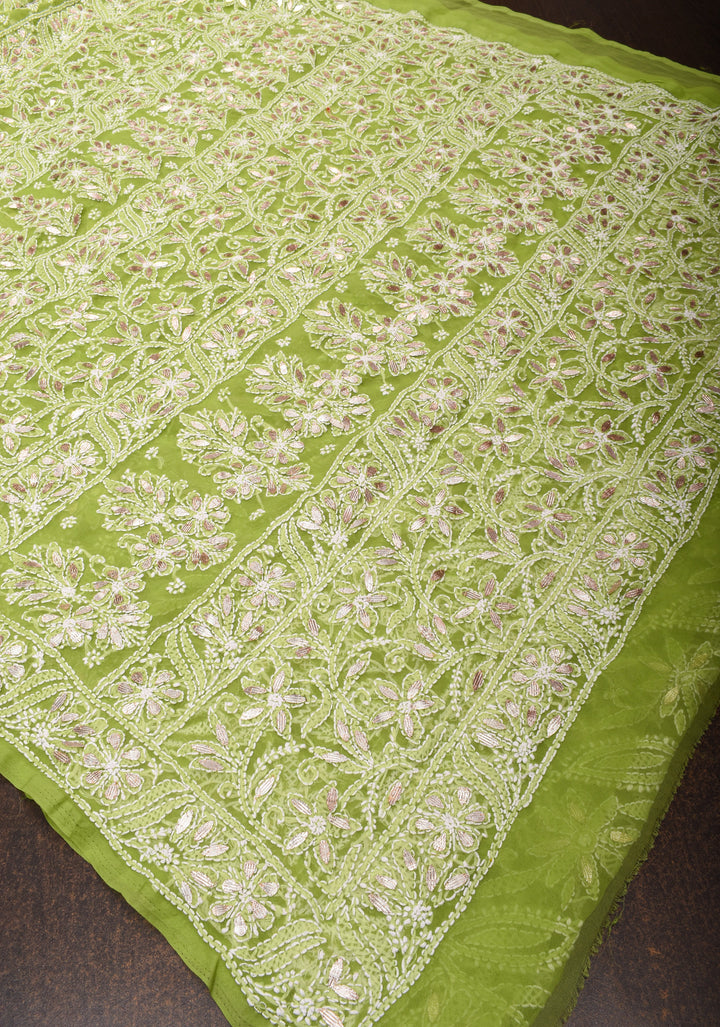 Elegant Lime Green Hand-Embroidered Full Jaal Chikankari Georgette Saree with Gotta Patti Work