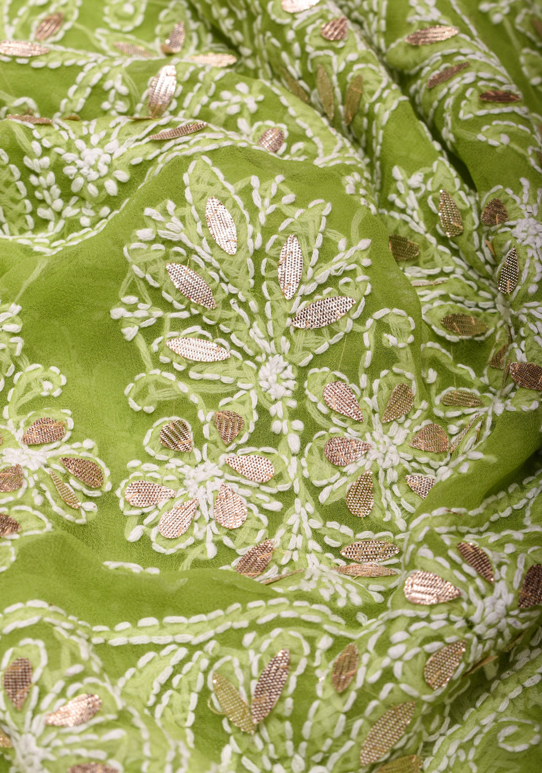 Elegant Lime Green Hand-Embroidered Full Jaal Chikankari Georgette Saree with Gotta Patti Work