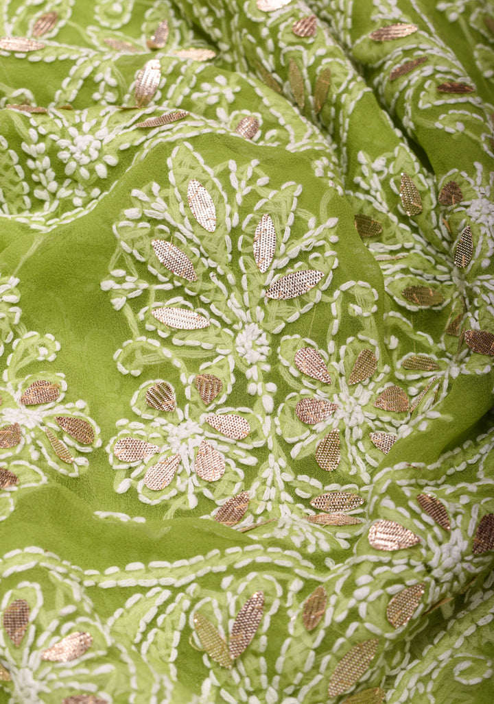 Elegant Lime Green Hand-Embroidered Full Jaal Chikankari Georgette Saree with Gotta Patti Work