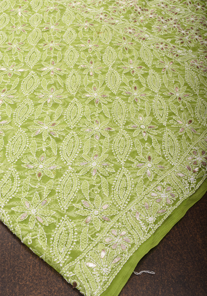 Elegant Lime Green Hand-Embroidered Full Jaal Chikankari Georgette Saree with Gotta Patti Work
