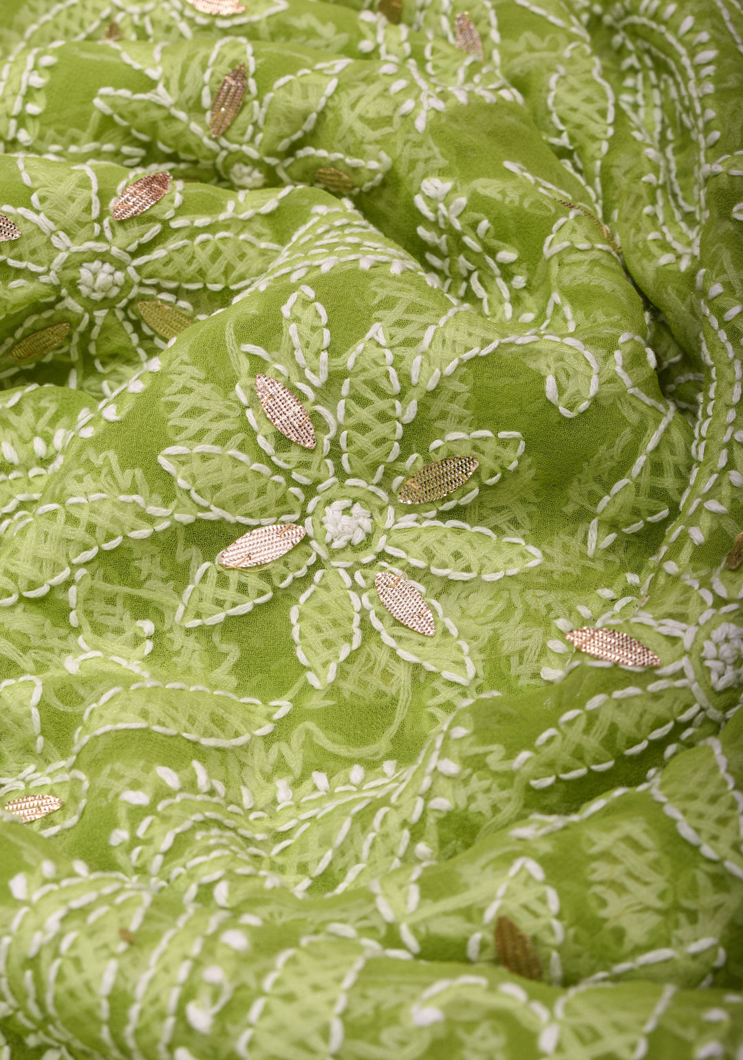 Elegant Lime Green Hand-Embroidered Full Jaal Chikankari Georgette Saree with Gotta Patti Work
