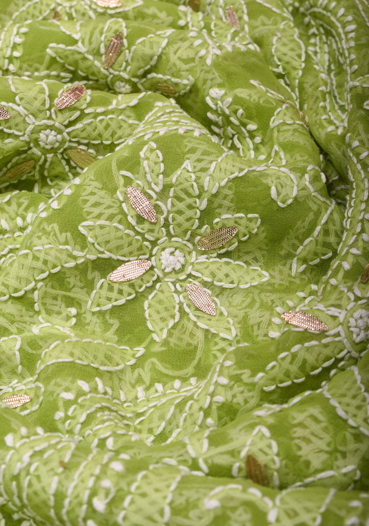 Elegant Lime Green Hand-Embroidered Full Jaal Chikankari Georgette Saree with Gotta Patti Work