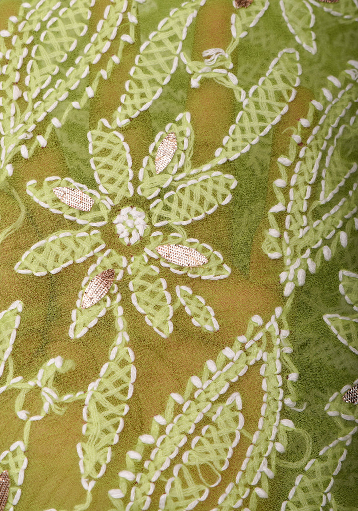 Elegant Lime Green Hand-Embroidered Full Jaal Chikankari Georgette Saree with Gotta Patti Work
