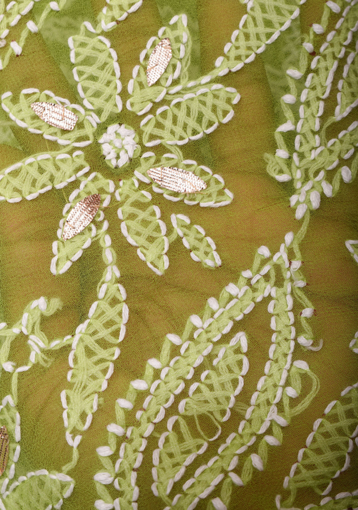Elegant Lime Green Hand-Embroidered Full Jaal Chikankari Georgette Saree with Gotta Patti Work