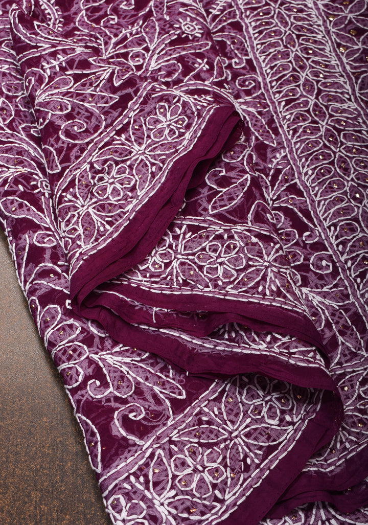 Authentic Hand-Embroidered Full Jaal Chikankari Georgette Saree with Mukeish embellishments in Regal Purple