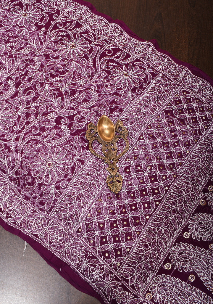 Authentic Hand-Embroidered Full Jaal Chikankari Georgette Saree with Mukeish embellishments in Regal Purple