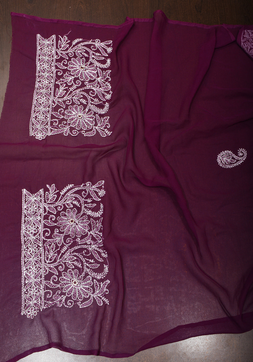 Authentic Hand-Embroidered Full Jaal Chikankari Georgette Saree with Mukeish embellishments in Regal Purple