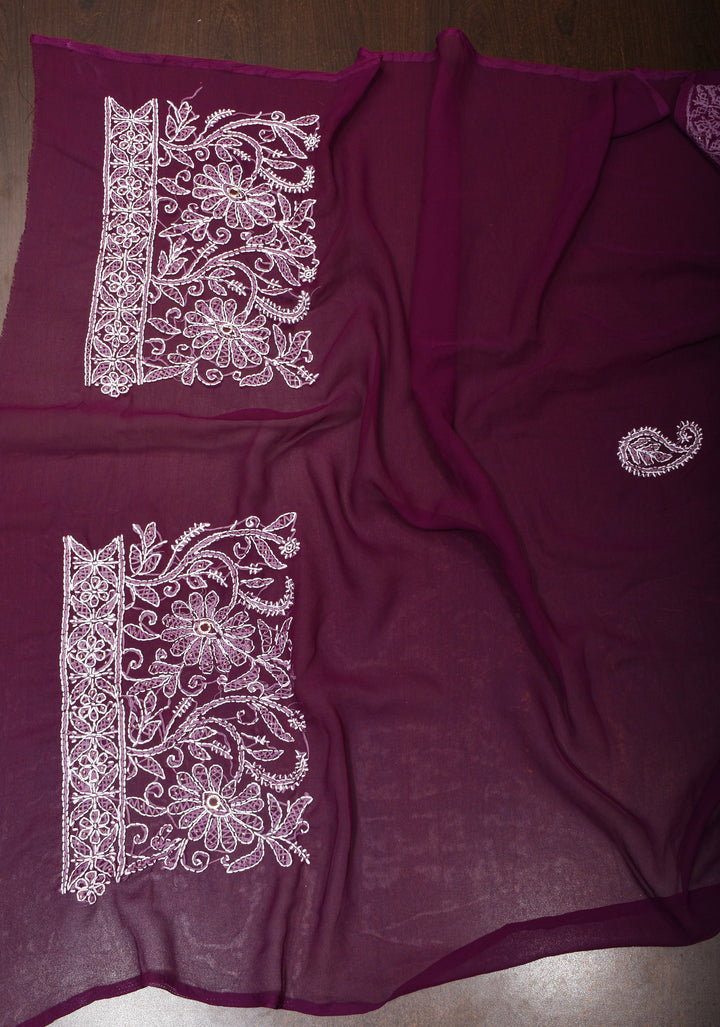 Authentic Hand-Embroidered Full Jaal Chikankari Georgette Saree with Mukeish embellishments in Regal Purple