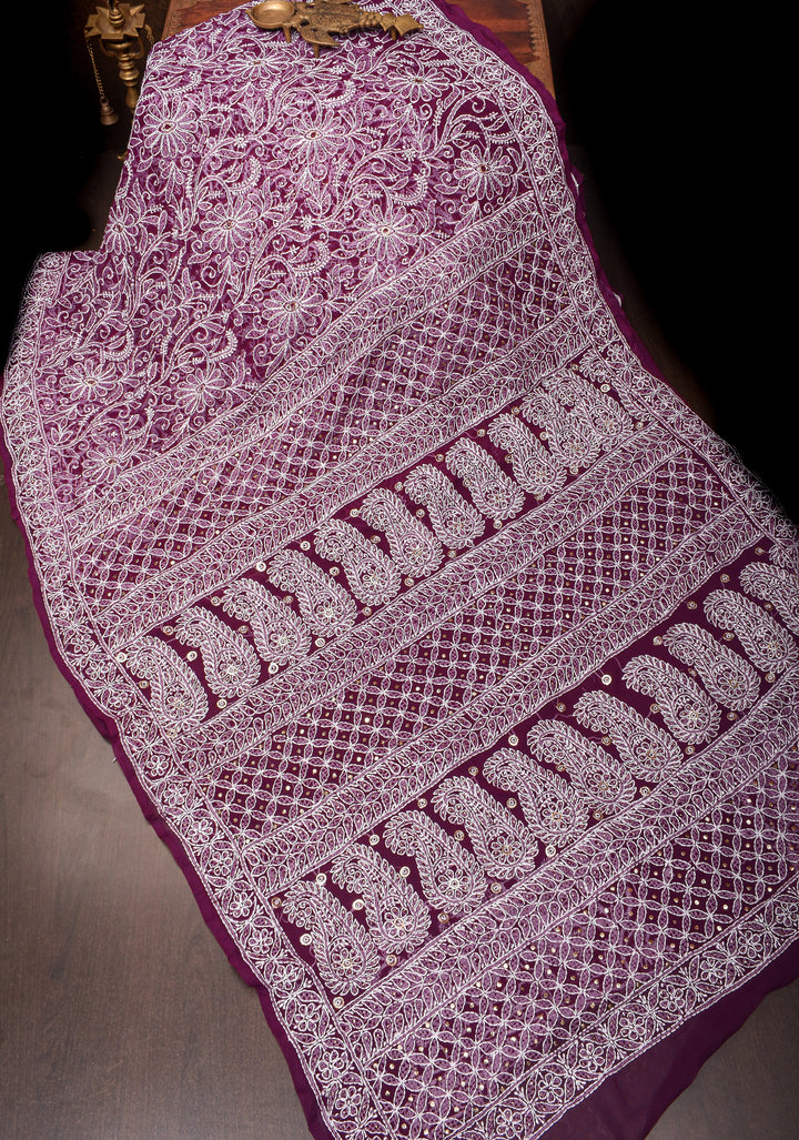 Authentic Hand-Embroidered Full Jaal Chikankari Georgette Saree with Mukeish embellishments in Regal Purple