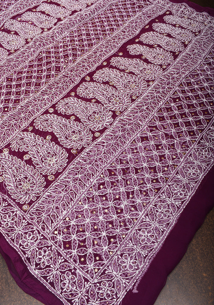 Authentic Hand-Embroidered Full Jaal Chikankari Georgette Saree with Mukeish embellishments in Regal Purple