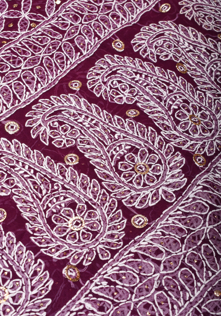 Authentic Hand-Embroidered Full Jaal Chikankari Georgette Saree with Mukeish embellishments in Regal Purple