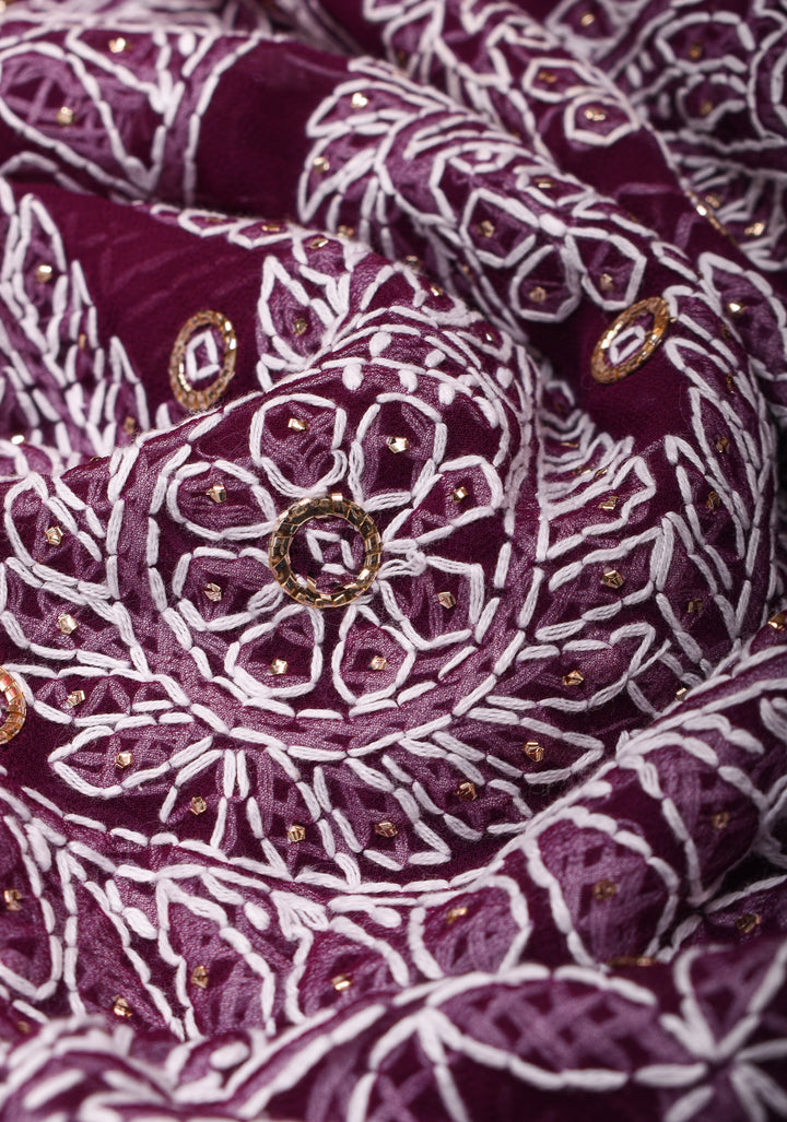 Authentic Hand-Embroidered Full Jaal Chikankari Georgette Saree with Mukeish embellishments in Regal Purple
