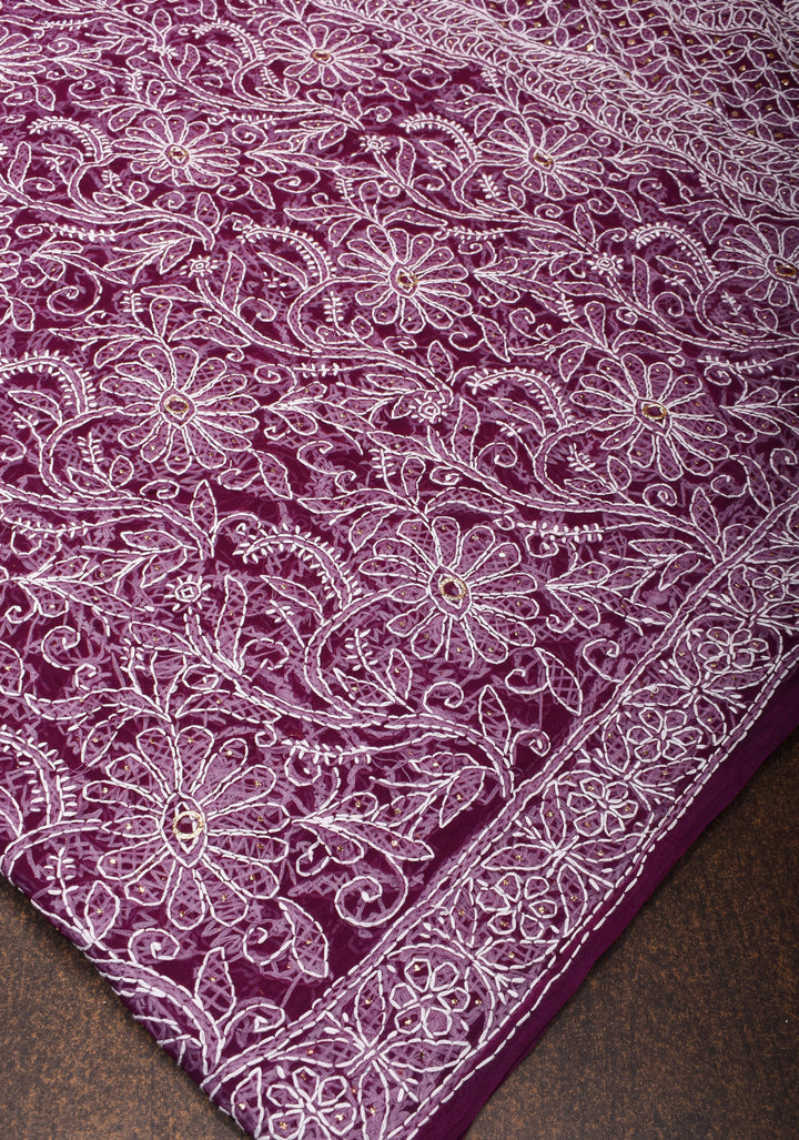 Authentic Hand-Embroidered Full Jaal Chikankari Georgette Saree with Mukeish embellishments in Regal Purple